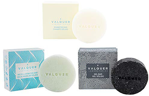 Valquer - Pack Cosméticos Sólidos, Champú Sólido Sin Sulfatos Cabello Graso, Agua Micelar Sólida, Gel Corporal Sólido Carbón Activo - Vegano, 150 g, Cuidado Personal (3 Unidades)
