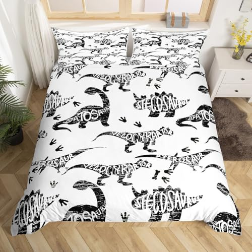 Dinosaur Print Duvet Cover Black and White Dino Alphabet Bedding Set For Kids Boys Girls Children Jungle Animal Wildlife Decor Comforter Cover Ultra Soft Decor Bedspread Cover Queen Size Zipper