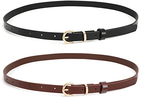 WHIPPY 2er-Pack dünner Damen Ledergürtel schmaler Taillengürtel schmal Gürtel mit goldener Kreisschnalle für Kleid Hose Jeans