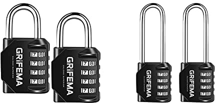 GRIFEMA 2 Pack Zahlenschloss 4 Stellig-Vorhängeschloss Wetterfest Frostsicher(2 Stück)1er Pack & 2 Pack Zahlenschloss 4 Stellig mit Langer Bügel - Vorhängeschloss Wetterfest Frostsicher