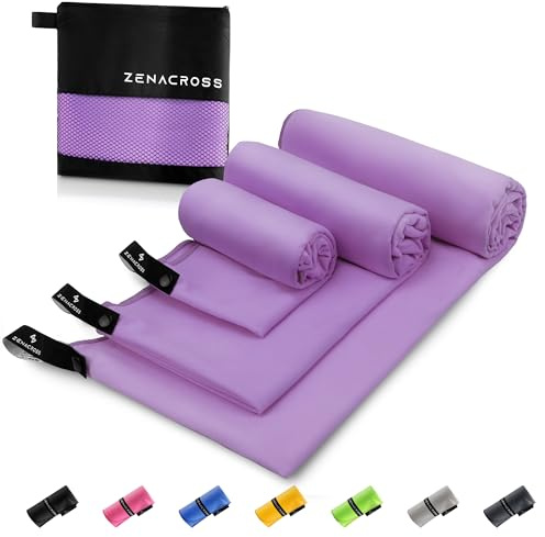 Zenacross Asciugamano Palestra (Set di 3) con Borsa per il Trasporto - Asciugamano Microfibra a Rapida Asciugatura e Versatile - Telo Palestra Taglie S, M, L - Viola