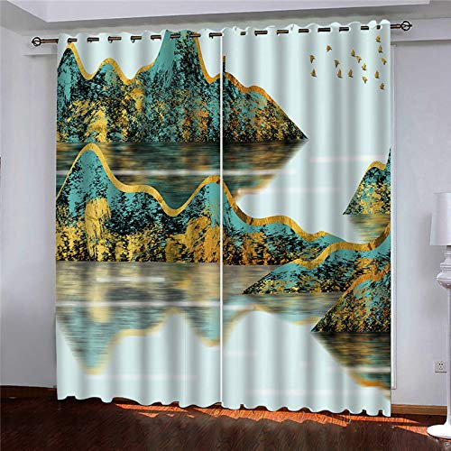 Verdunkelungsvorhang Mit Ösen Gardinen Schlafzimmer Wohnzimmer Kinderzimmer Mädchen Junge Ösenvorhang Blickdichte Vorhänge 3D Abstrakte Goldene Berglandschaft Muster Thermovorhang 260X280Cm(HxB) 2