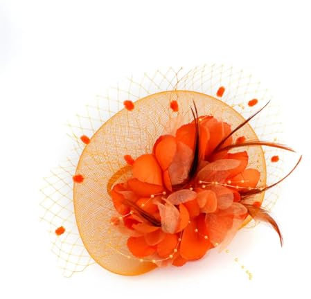 Feder-Fascinator für Damen, Blumen-Derby-Hut für Cocktailball, Hochzeit, Stirnband, Clip, Fascinator, Orange, 1 count (Pack of 1)