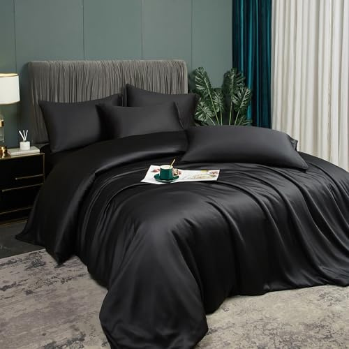 Luofanfei Housse de Couette Bambou 140x200 Noir Lyocell Parure de lit Unie Adulte 2 Pièces Ensemble Literie Noire Modern Soie Lisse Soyeux Brillant Uni Linge de Lit avec Fermeture éclair