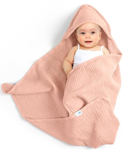 lulumoon babyhandduk huva för badrum: Huvhandduk av muslin bomull 75 x 76 cm – Oeko-Tex, extra mjuk absorberande för värme efter bad grädde – för spädbarn 0–18 månader (orange-rosa)
