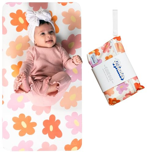 Miles of Wonder Portable Changing Mat with Reusable Waterproof Wet Bag, (16 x 30 Inches) Baby Changing Mat, Non-Toxic Changing Pad Portable Folds and Wipes Clean, Baby Changing Pad Travel (Floral)