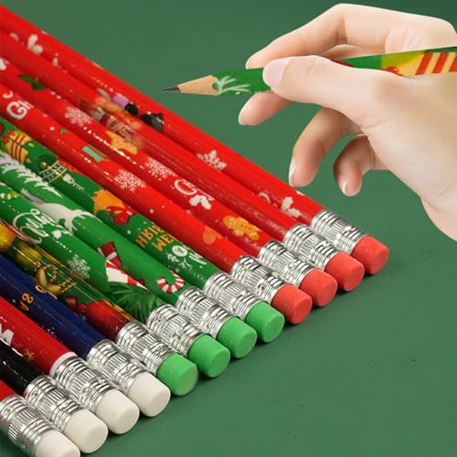 QUOHE 24 Stück Bleistifte Weihnachten, Bleistift mit Radiergummi Weihnachts Deko für Adventskalender zum Befüllen Mitgebsel Geschenke Stifte, Weihnachtsstifte Schule Weihnachtsgeschenke für Studenten