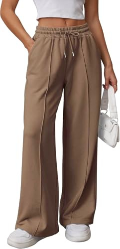 OLIPHEE Pantaloni Tuta Donna Larghi Lunghi con Tasche e Coulisse Pantaloni Donna Jogging Autunno con Elastico in Vita Tinta Unita Casual Yoga Sweatpants Baggy Marrone L