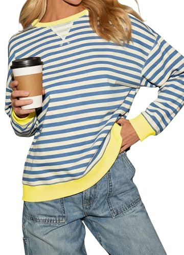 Dressmine Blue and White Striped Shirt Y2k Long Sleeve Cotton Loose Fall Fashion Lightweight Pullover Blouse Size 10