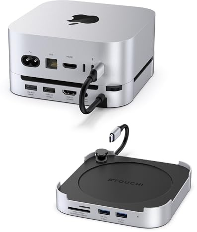 Stouchi Mac Mini Dock para Mac Mini M4/M4 Pro 2024, soporte M4 y concentrador con 3 USB 3.0 (5 Gbps), 1 USB 2.0, lectores de tarjetas SD/TF, HDMI 4K a 60Hz, audio de 3.5 mm con botón de encendido [sin