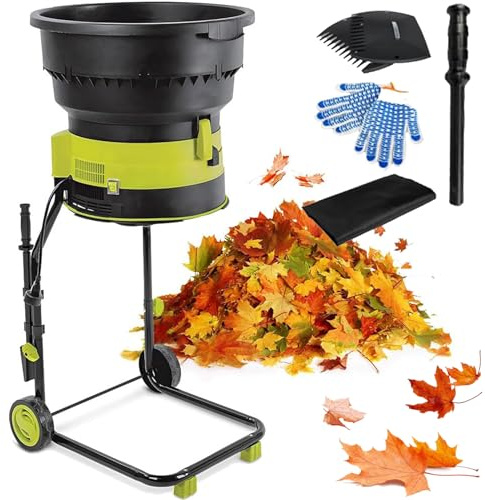 Trituradora eléctrica de hojas, trituradora de abono de 2500 W con ruedas, trituradora de 8000 rpm, embudo de 54 cm de diámetro, herramienta de limpieza de jardín, incluye rastrillo de hojas y bolsa