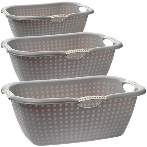 2friends Wäschewanne Set 3er, 60L Fassungsvermögen je 60 x 40 x 22 cm, Ergonomische Griffe, robustes Kunststoff, Grau mit weißen Punkten, Stapelbar, Ohne Belüftungslöcher, Made in EU