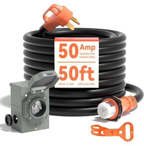 50 Amp Generator Cord 50FT and Power Inlet Box, Pre-Drilled 50 Amp Generator Inlet Box with Cord, NEMA 14-50P to SS2-50R Waterproof Cable Combo Kit, 125/250V, ETL Listed