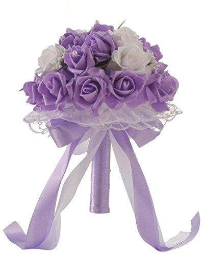 TIREOW Blumenstrauß Romantische Hochzeit Bunte Künstliche Hochzeitsstrauß Rosen Seidenblumen Seidenrosen Kunstblumen Blumen Brautstrauß der Braut (Lila)