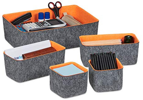Relaxdays Schubladen Organizer Filz, 5-teiliges Ordnungssystem für Schreibtisch, 3 Größen, Filzkörbchen, grau/orange
