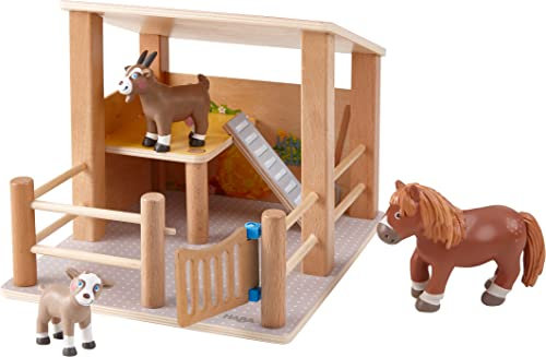 HABA Little Friends Streichelzoo - Gehege & Futterhaus aus robustem Holz - inkl. Pony Twinkel, Ziege und Ziegenbaby für kreatives Rollenspiel mit Tieren vom Bauernhof - 1305694001