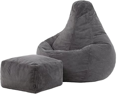 Icon Dalton Sitzsack Cord und Hocker mit Füllung, Grau | In Deutschland Hergestellt, Sitzsack Erwachsene, Weicher Cordstoff, Gaming Sitzsack für Wohnzimmer und Schlafzimmer