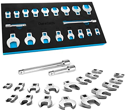 DURATECH 3/8 Drive Crowfoot Wrench Set with 2 Extension Bars, SAE & Metric, 19-Piece, 10-22mm & 3/8-7/8, CR-V Steel, with EVA Foam Tool Organizer
