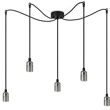Sotto Luce Bi minimalistische 5-flammige Pendelleuchte - Nickel - 1,5 m schwarzes Textilkabel - schwarze Deckenrosette - 5 x e27 - Fassungen
