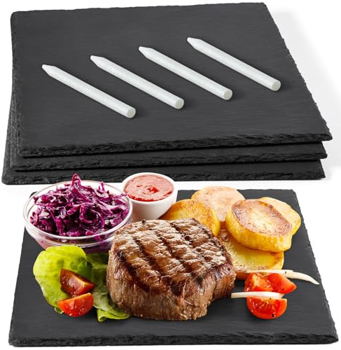 GOH DODD 3 tablas de queso de pizarra de 12 x 12 pulgadas, platos cuadrados de piedra negra, manteles individuales, bandeja de servir gourmet, pizarra para charcutería, pasteles, frutas, carne,