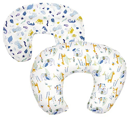 Siairo Infants Nursing Pillow for Breastfeeding, Bottle Feeding, Baby Awake-time Support, with 2 Removable Cotton Cover, Soft Machine Washable White Cute Animals Giraffes Elephants