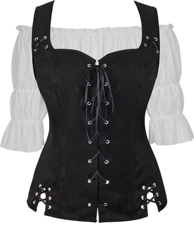 Femme Blouse Chemise Veste Pirate Setvintage Gothique Victorien RÉTro MÉDiÉVale Corset Renaissance DÉGuisement Halloween Noir XS