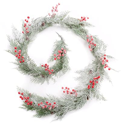 Best Artificial 7ft / 2m Outdoor/Indoor Frosted Christmas Conifer Leaf Garland String with Red Berries Xmas