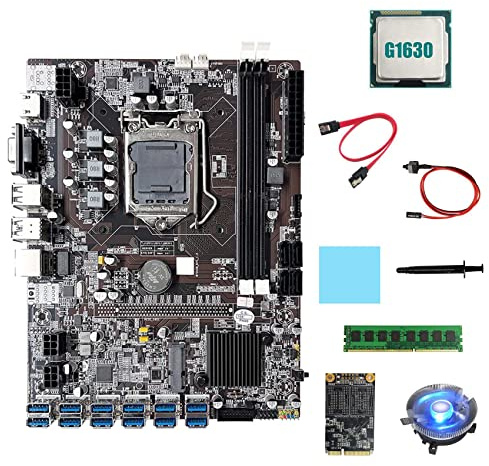 Lodokdre B75 ETH Mining Carte mère 12XUSB+G1630 CPU+DDR3 4GB RAM+128G SSD+ventilateur + câble + câble Switch LGA1155 Carte mère