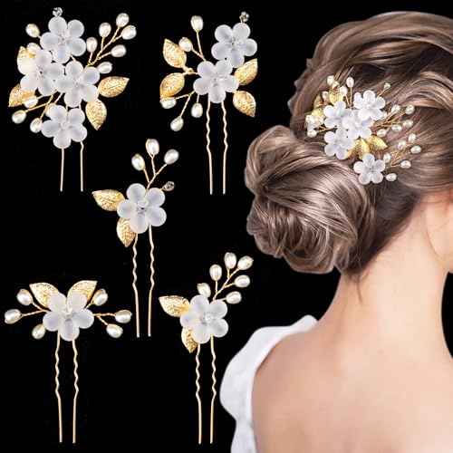 MELLIEX 5 Pièces Épingle à Cheveux de Marriage Perle Pinces à Cheveux Strass Accessoires de Cheveux en Cristal de Fleur pour Marriage Anniversaire Fête - Or