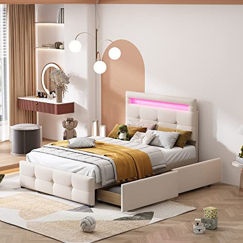 Moimhear Cama tapizada de 90 x 200 cm, con 2 cajones, luces led, acolchado de lino agradable al tacto, cama plana, individual, para niños, adolescentes e invitados