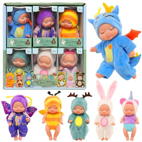 Miunana Babypuppe, Mini Puppe, Mini Reborn Babypuppen Baby Puppen, Waschbares PVC-Material, Realistische Bewegliche Babypuppe, Puppenspielzeug für Mädchen und Kleinkinder (6Pcs-Magische Tiere)