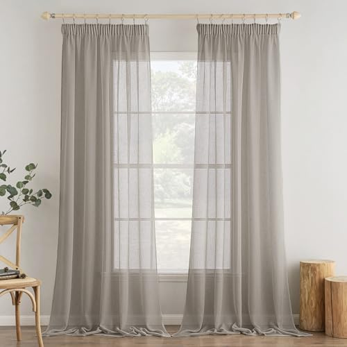 MIULEE Gardinen 2er Vorhang Leinenoptik Kräuselband 140x245cm Dunkelgrau | Leinenoptik Voile mit Kräuselband, lichtdurchlässig & blickdämpfend, einfach aufzuhängen für Wohn- und Schlafzimmer