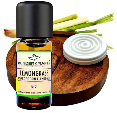 BIO Lemongrassöl + Duftstein & Holzteller im Set - 100% naturreines ätherisches Öl von WUNDERKRAFT.BIO, Aromatherapie & Diffuser geeignet, 10ml Aromaöl