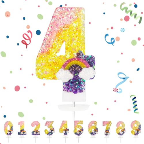 Geburtstagskerzen Zahlen 4,Regenbogen Geburtstag Einhorn Geburtstag, 3D Tortendeko, kuchen Dekoration für Geburtstag Party, Hochzeiten, Firmenfeiern, Jubiläen, Birthday Candle Nummer