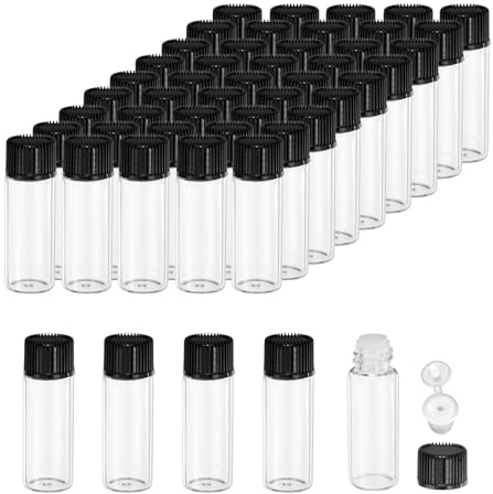 PATIKIL 5 ml flaskor med eteriska oljor, 50-pack genomskinliga glasflaskor med öppningsreducerare, provflaska, smal skruvlock, förvaringsflaskor, behållare, svart
