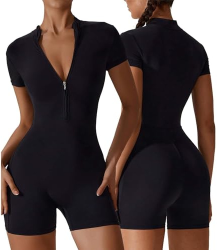 Combinaison De Sport Femme Combinaison De Yoga Manches Courtes Short Jumpsuit De Sport Avec Fermeture Eclair Fitness Bodys Femme Couleur Unie, Confortable Et Respirante