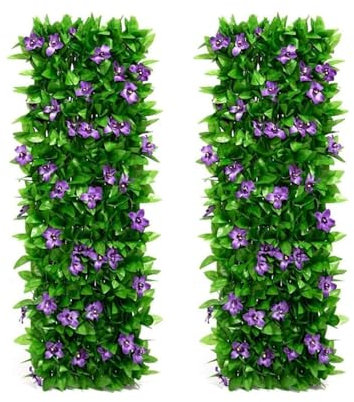 2 Paneles De Enrejado De Jardín, Pantalla De Valla De Jardín Extensible De 200 X 40 Cm Con Flor Violeta Y Hiedra Artificial, Decoración De Barandilla De Valla De Privacidad De Hiedra Falsa For Balcón,