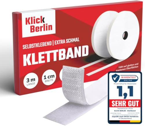 Klick Berlin Klettband Selbstklebend | 1 cm x 3 m | Extra schmal | Klett Klebeband klebt auf vielen Flächen | Klettverschluss | 10 mm breit, 3 Meter lang Weiß