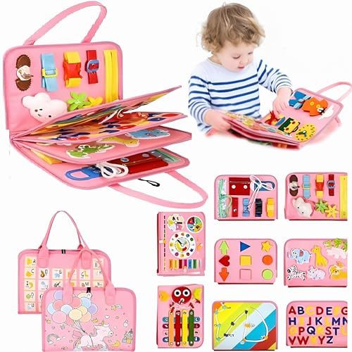 Exorany Busy Book for Toddlers (8 pages), Busy Book for 2+3 4 5 6 Year Old Boys & Girls, Montessori Travel Toy on Plane & Car, Birthday Gift Educational Preschool Sensory Baby Toys (Pink)