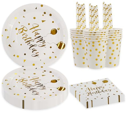 80 stycken födelsedag party porslin set, guld ballong födelsedag party dekorationer levererar porslin födelsedag fest tallrik servetter papper koppar sugrör serveras för 16 (vitguld)