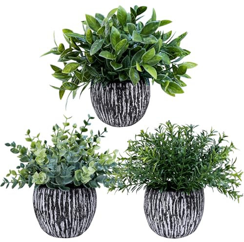 Winlyn Set of 3 Artificial Potted Plants Faux Eucalyptus Rosemary Boxwood Greenery in Black & White Concrete Pots Small Fake Plant for Indoor Outdoor Home Office Table Shelf Windowsill Greens Décor