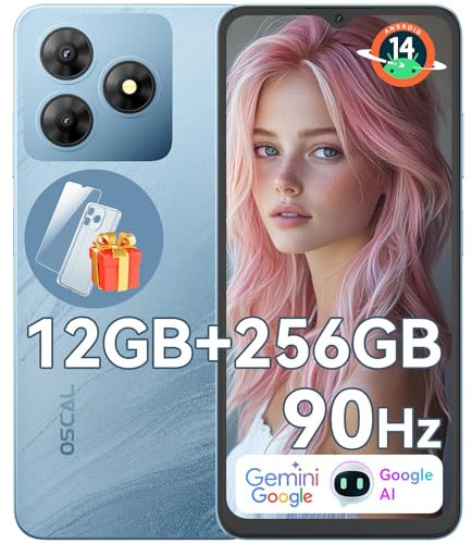OSCAL Flat 2 Gemini AI Smartphone ohne Vertrag | Android 14, 12GB+256GB, 2TB TF | 90Hz 6.56'' HD+, Octa-Core, 5000mAh, Dual SIM | 13MP+8MP AI Kamera Handy Günstig Neu | OTG, GPS, Face-ID, Fingerprint