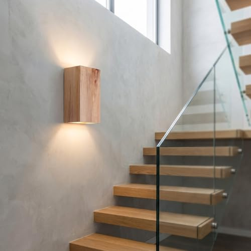 Alpinaluz Wandleuchte aus Massivholz mit rechteckigem Design und bidirektionaler Beleuchtung, 2 GU10 Fassungen, moderner nordischer Stil für Innenbereiche wie Treppenhaus, Wohnzimmer und Schlafzimmer
