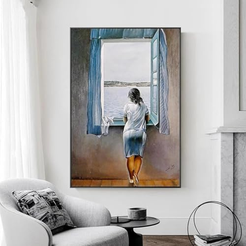 JACBON Leinwanddruck, Poster, Mädchen am Fenster, Gemälde, Salvador Dali, Wandkunst, Frau, Meerblau, Bild für Wohnzimmer, Heimdekoration, 60 x 90 cm (24 x 35 Zoll), rahmenlos