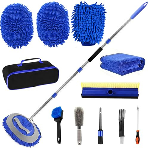HpCuales 62''Car Wash Brush with Long Handle,Car Wash Kit with Tire Brush,Tower,Window Squeegee,Chenille Microfiber,Car Detailing Brushes, Car Cleaning Brush Kit Supplies for Car,Truck, SUV,RV