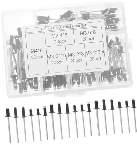 KICHOUSE Lot De 120 Set De Rivets Pop Aveugles à Bride En Aluminium Noir, Tête Ronde Plate, Tailles M2.4 M3 M3.2 M4, Assortiment Pour Fixation Intérieure Et Extérieure Boîte De Rangement Transparente