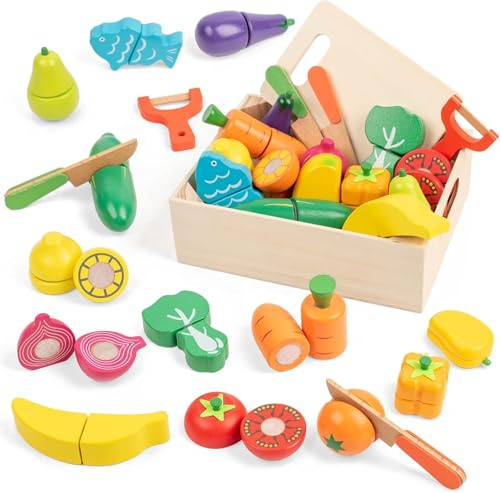 FMSKS Jeu de Coupe Fruits et Légumes en Bois avec Velcro pour Enfants 3 Ans, 32 Pièces Accessoires de Cuisine Dinette Jouet Éducatif Montessori