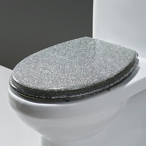 Abattant WC Rond à Paillettes de 41,9 cm, à dégagement Rapide, avec Couvercle à Fermeture Lente, antidérapant, Installation Facile, matériau en résine, Noir