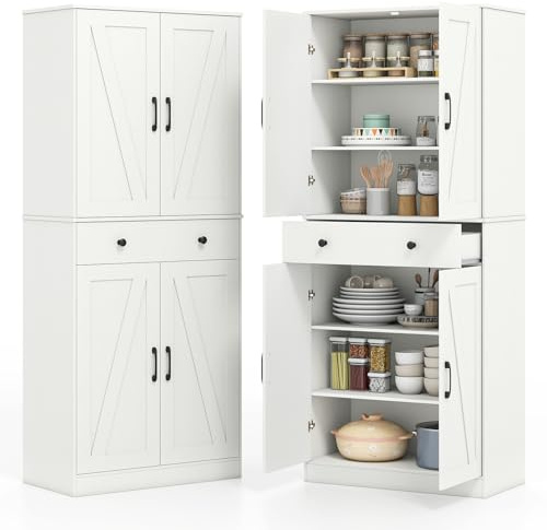 GIANTEX Küchenschrank Hoch, 183 cm Buffetschrank Küche, Hochschrank Sideboard mit Schublade & Türen, Aufbewahrungsschrank mit verstellbaren Regalen, Vorratsschrank Mehrzweckschrank (Weiß)