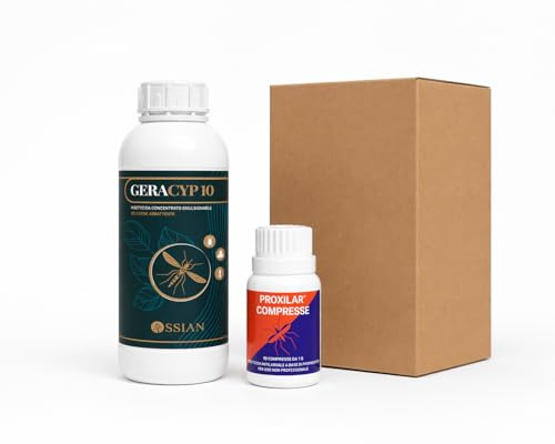 Ossian Geracyp 10 - Insetticida Antizanzare, Formiche, Scarafaggi, Insetti Striscianti e Volanti, Concentrato con Cipermetrina e Geraniolo, Effetto Residuale, Profumato (1 LT+Compresse Larvicida)